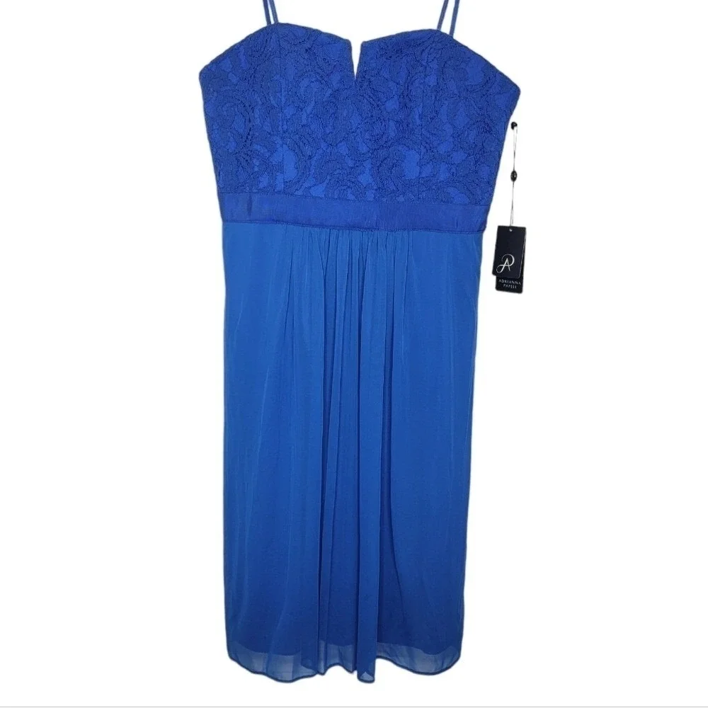 ADRIANNA PAPELL Mini Dress Strapless Stretch Tulle Lace Blue Lined Love Story 10